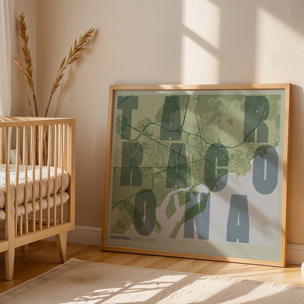Modern interior design with a Tarragona in Unruled design, where the city name letters appear randomly across different lines for a truly original urban layout designed in two green tones, displayed on a living room wall