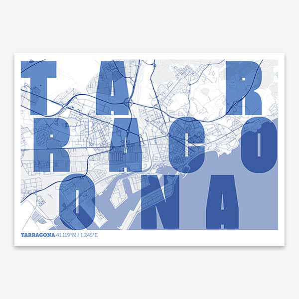 Decorative print of Tarragona with letters of its name placed randomly, designed in navy blue and white