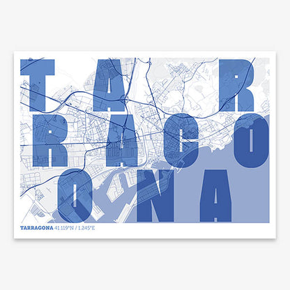 Decorative print of Tarragona with letters of its name placed randomly, designed in navy blue and white