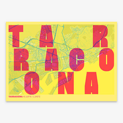 Decorative print of Tarragona with letters of its name placed randomly, designed in yellow and fuchsia