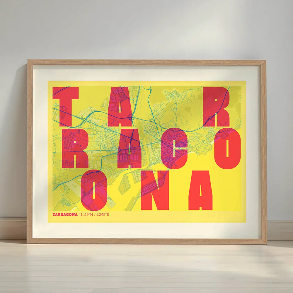 Framed Tarragona in Unruled design, where the city name letters appear randomly across different lines for a truly original urban layout designed in yellow and fuchsia with a white margin border in a warm lit minimalist setting