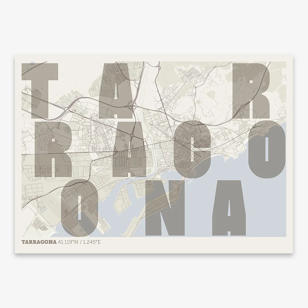 Decorative print of Tarragona with letters of its name placed randomly, designed in light brown and an off-white background