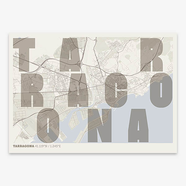 Decorative print of Tarragona with letters of its name placed randomly, designed in light brown and an off-white background