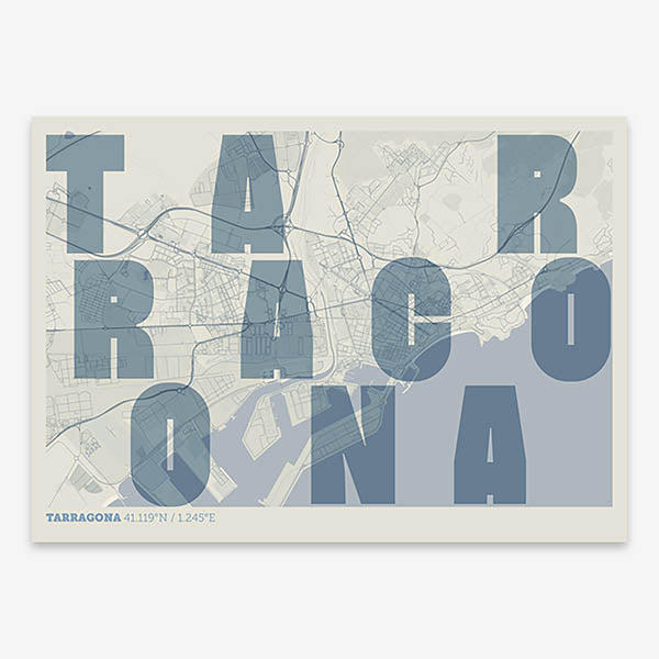 Decorative print of Tarragona with letters of its name placed randomly, designed in bluish gray and an off-white background