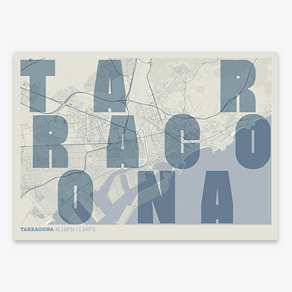 Decorative print of Tarragona with letters of its name placed randomly, designed in bluish gray and an off-white background