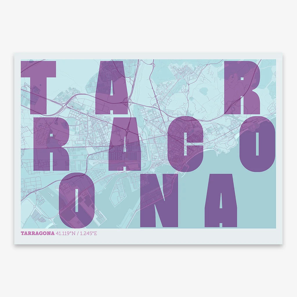 Decorative print of Tarragona with letters of its name placed randomly, designed in purple and light blue