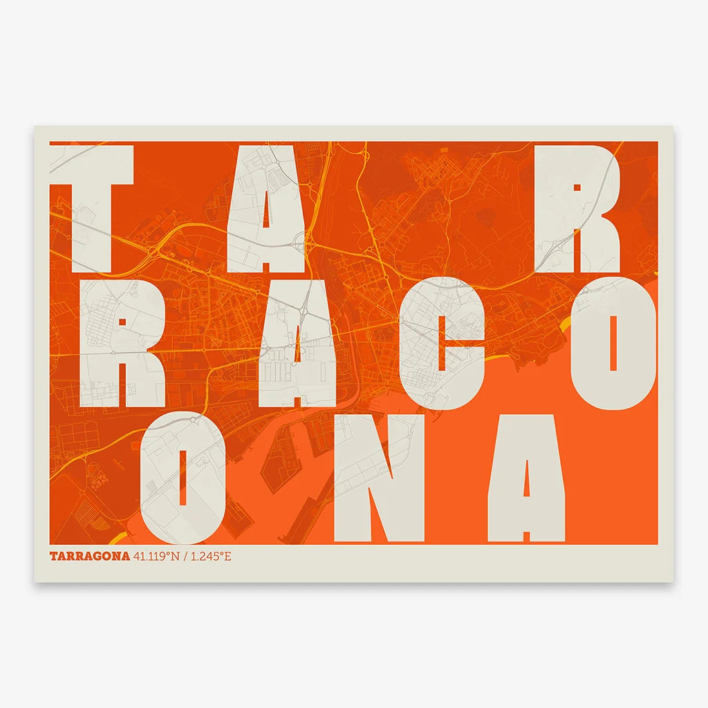 Decorative print of Tarragona with letters of its name placed randomly, designed in orange and an off-white background