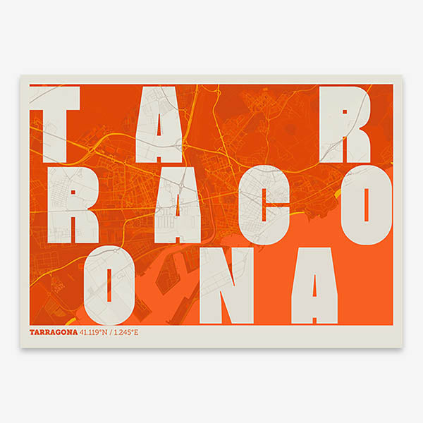 Decorative print of Tarragona with letters of its name placed randomly, designed in orange and an off-white background