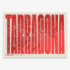 Decorative map of Tarragona and letters of its name in a giclée print designed in red and an off-white background