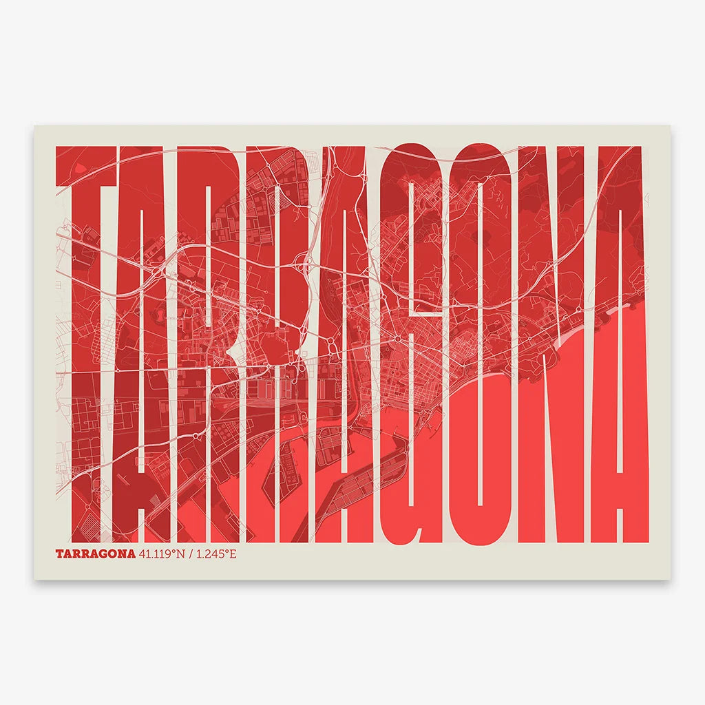 Decorative map of Tarragona and letters of its name in a giclée print designed in red and an off-white background