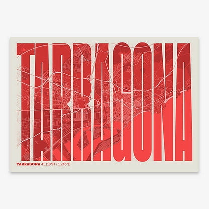 Decorative map of Tarragona and letters of its name in a giclée print designed in red and an off-white background