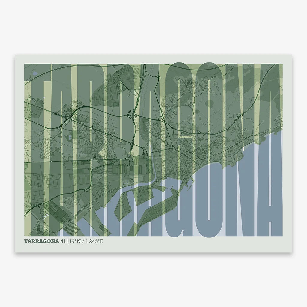 Decorative map of Tarragona and letters of its name in a giclée print designed in two green tones