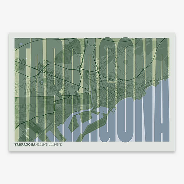Decorative map of Tarragona and letters of its name in a giclée print designed in two green tones