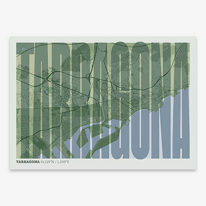 Decorative map of Tarragona and letters of its name in a giclée print designed in two green tones