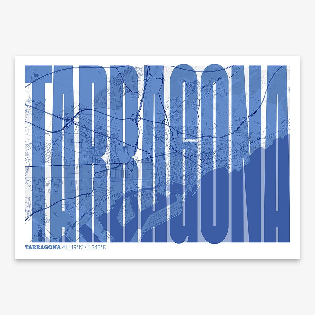 Decorative map of Tarragona and letters of its name in a giclée print designed in navy blue and white