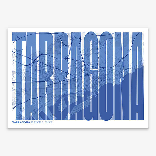Decorative map of Tarragona and letters of its name in a giclée print designed in navy blue and white