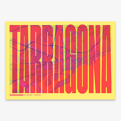 Decorative map of Tarragona and letters of its name in a giclée print designed in yellow and fuchsia