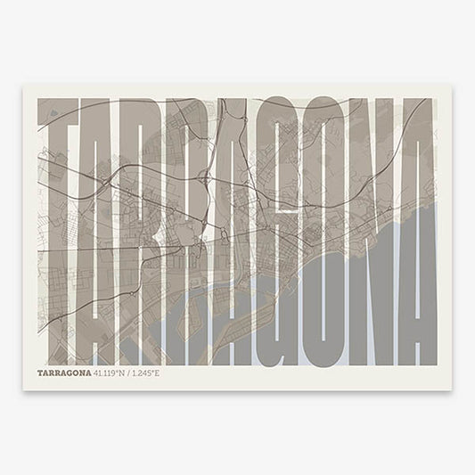 Decorative map of Tarragona and letters of its name in a giclée print designed in light brown and an off-white background