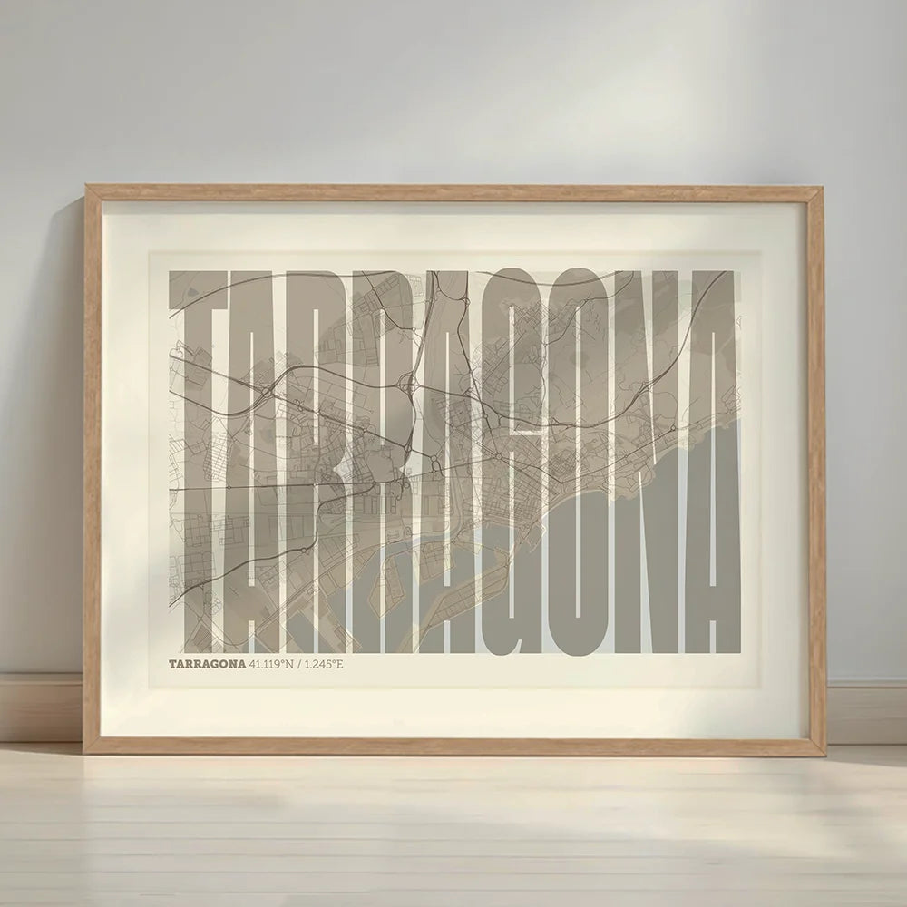 Framed Tarragona in Extra Compressed design, where the letters are tightly squeezed to fit the city's map shape designed in light brown and an off-white background with a white margin border in a warm lit minimalist setting