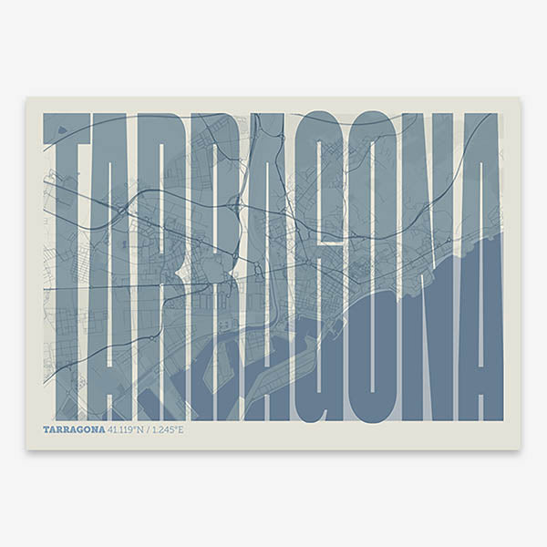 Decorative map of Tarragona and letters of its name in a giclée print designed in bluish gray and an off-white background