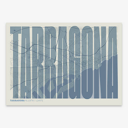 Decorative map of Tarragona and letters of its name in a giclée print designed in bluish gray and an off-white background
