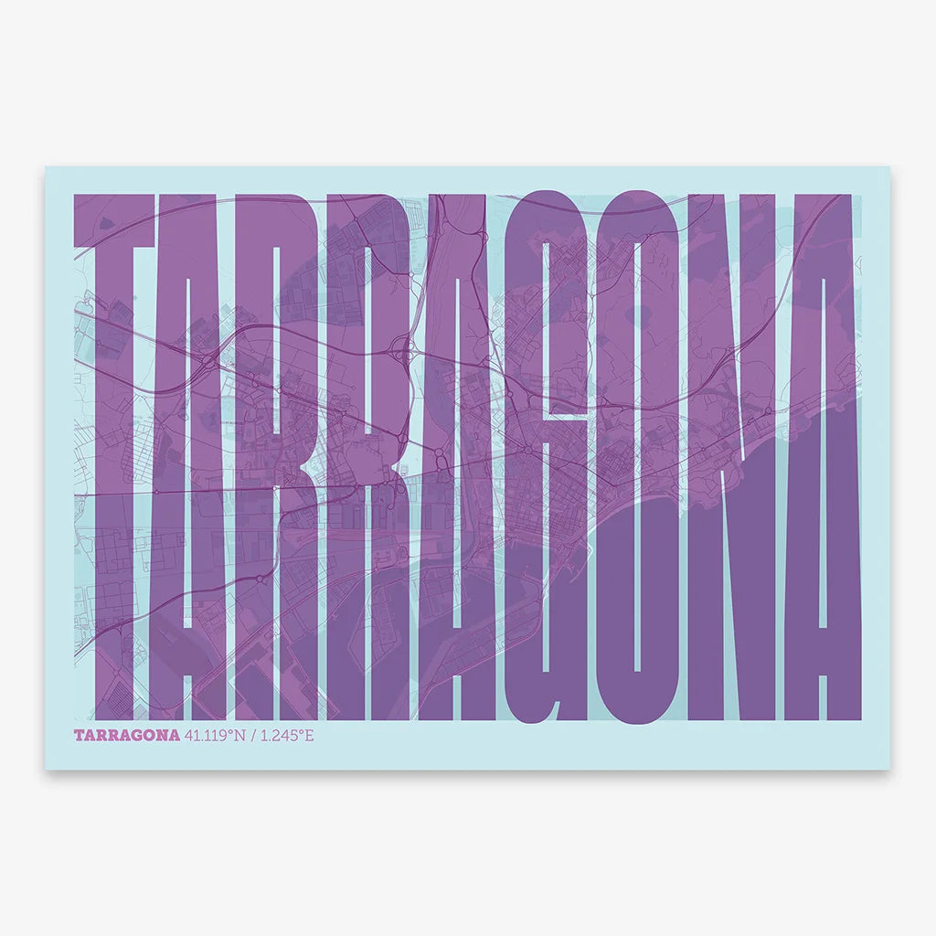 Decorative map of Tarragona and letters of its name in a giclée print designed in purple and light blue