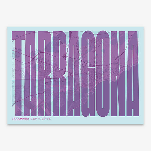 Decorative map of Tarragona and letters of its name in a giclée print designed in purple and light blue