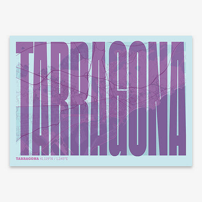 Decorative map of Tarragona and letters of its name in a giclée print designed in purple and light blue
