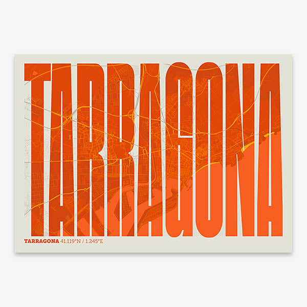 Decorative map of Tarragona and letters of its name in a giclée print designed in orange and an off-white background