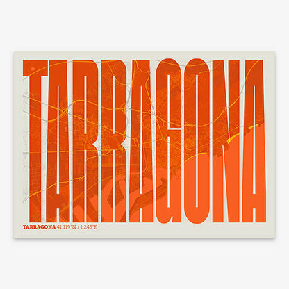 Decorative map of Tarragona and letters of its name in a giclée print designed in orange and an off-white background