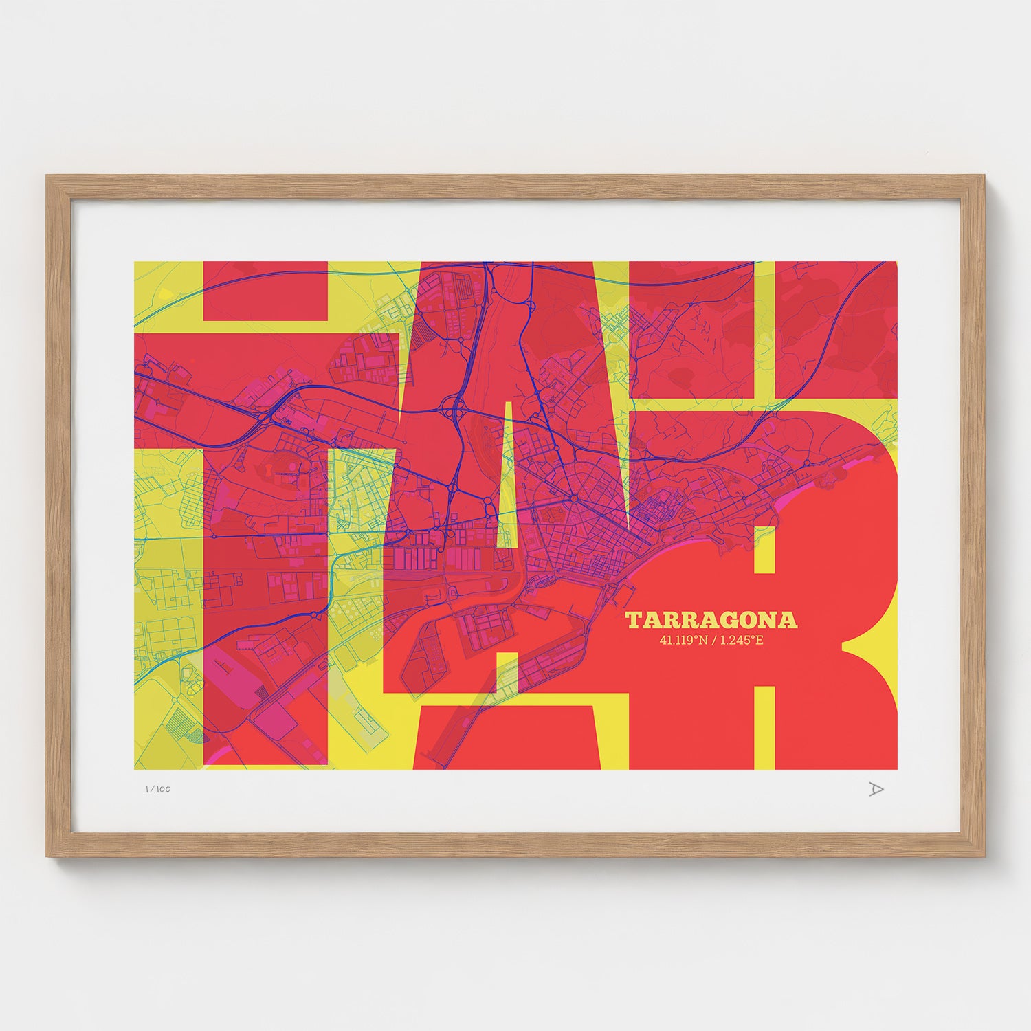 Lámina tipográfica de Tarragona – diseño Inseparable, marco de madera natural