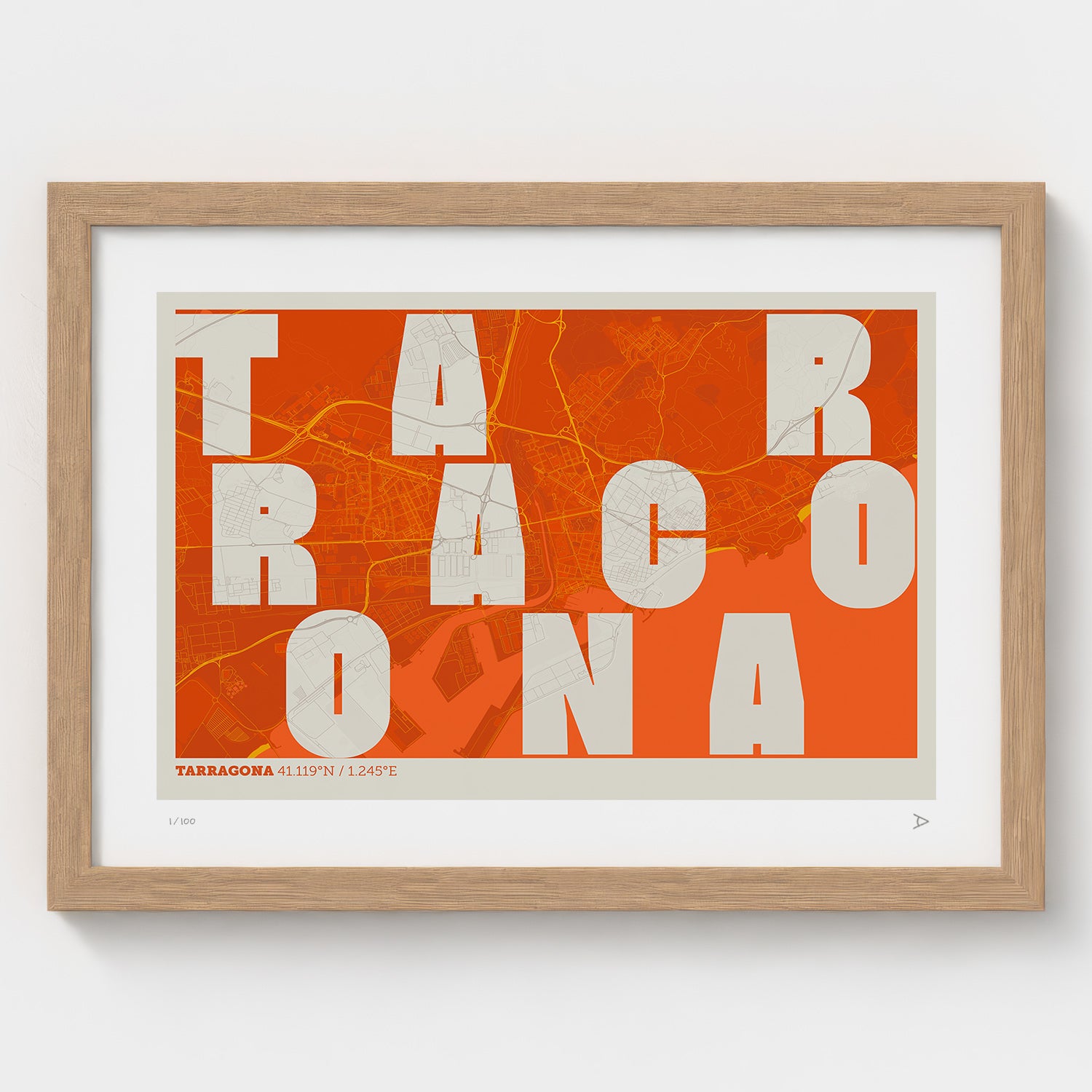 Lámina tipográfica de Tarragona – diseño Revoltosa, marco de madera natural
