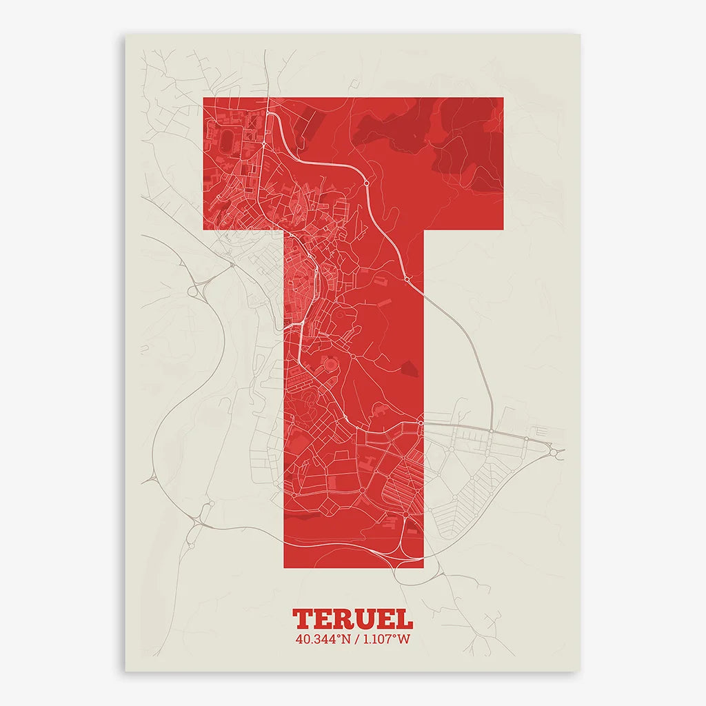 Decorative print of Teruel composed with letters in a heavy geometric font printed on red and an off-white background
