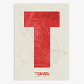 Decorative print of Teruel composed with letters in a heavy geometric font printed on red and an off-white background