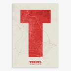 Decorative print of Teruel composed with letters in a heavy geometric font printed on red and an off-white background