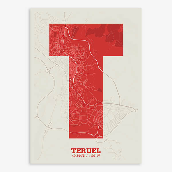 Decorative print of Teruel composed with letters in a heavy geometric font printed on red and an off-white background