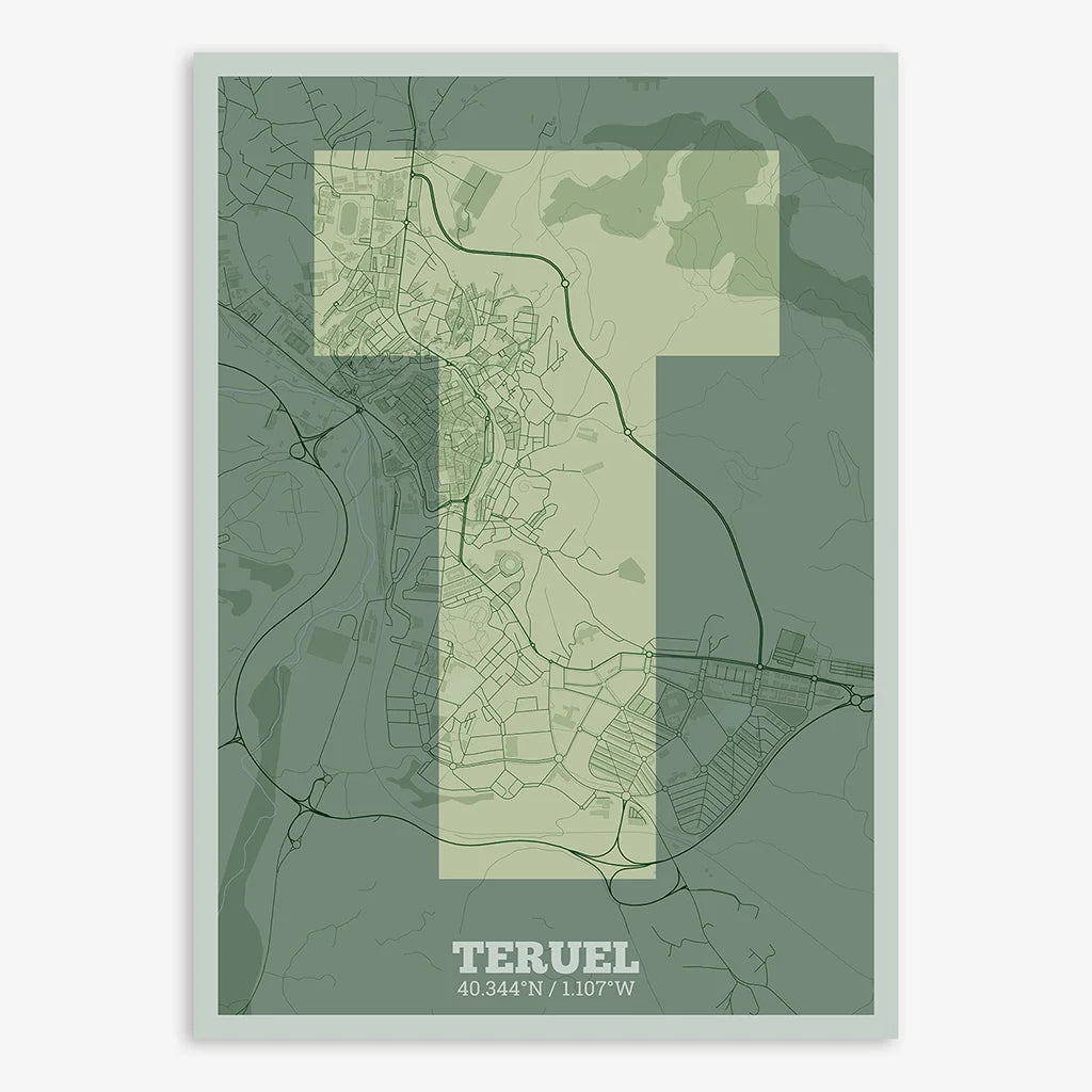 Decorative print of Teruel composed with letters in a heavy geometric font printed on two green tones