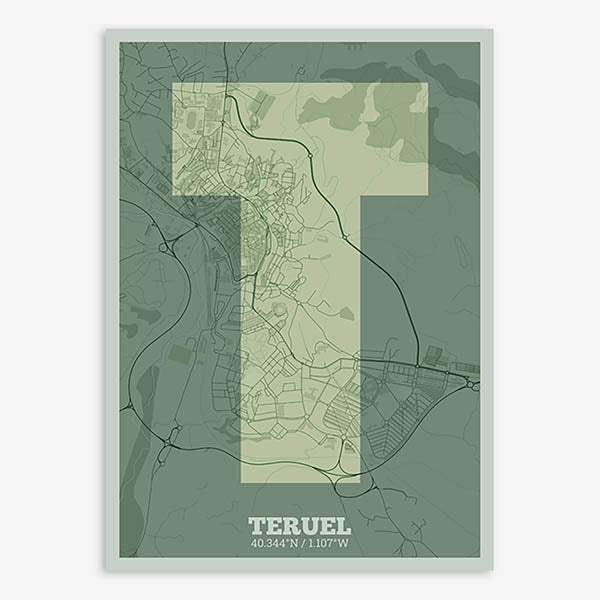 Decorative print of Teruel composed with letters in a heavy geometric font printed on two green tones