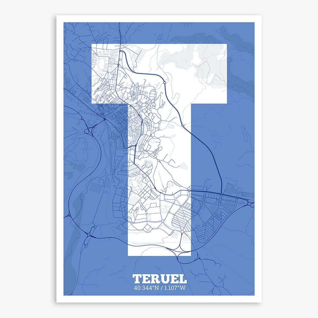 Decorative print of Teruel composed with letters in a heavy geometric font printed on navy blue and white