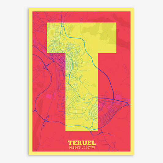 Decorative print of Teruel composed with letters in a heavy geometric font printed on yellow and fuchsia