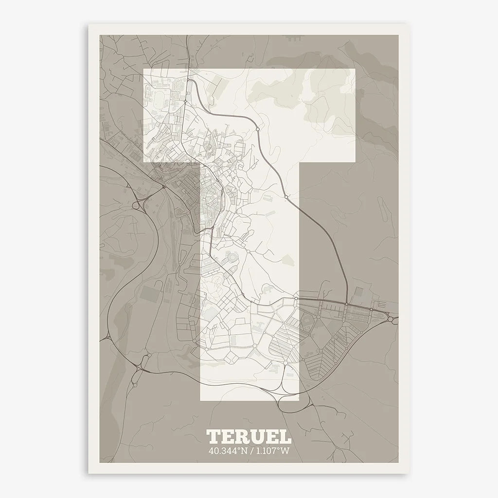 Decorative print of Teruel composed with letters in a heavy geometric font printed on light brown and an off-white background