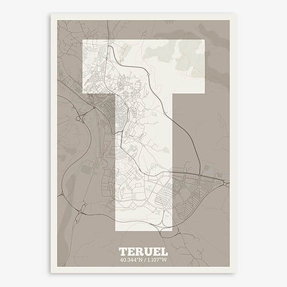 Decorative print of Teruel composed with letters in a heavy geometric font printed on light brown and an off-white background