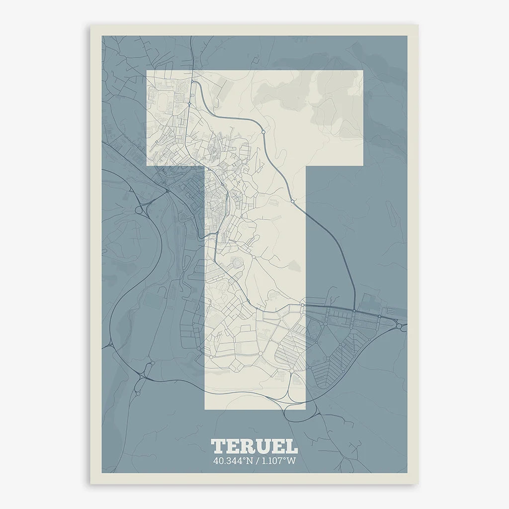 Decorative print of Teruel composed with letters in a heavy geometric font printed on bluish gray and an off-white background