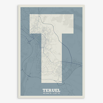 Decorative print of Teruel composed with letters in a heavy geometric font printed on bluish gray and an off-white background