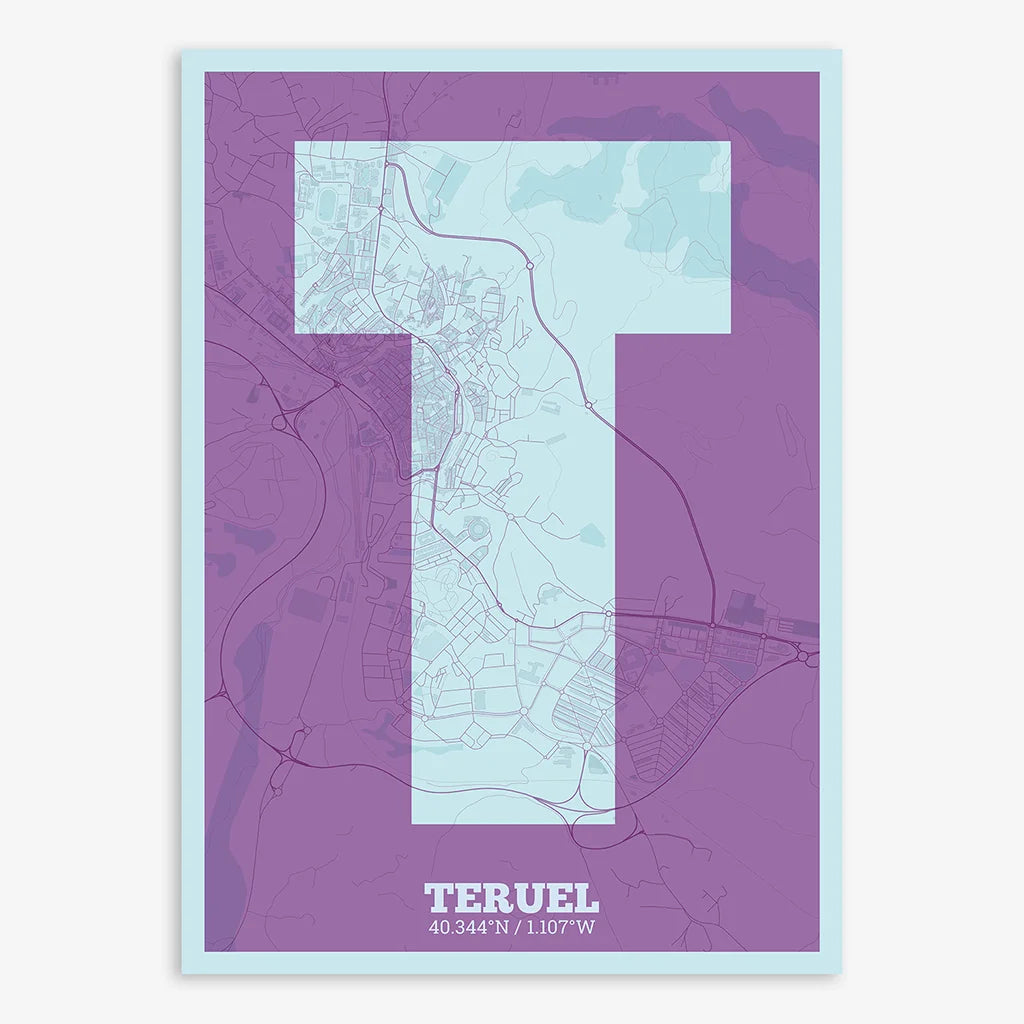 Decorative print of Teruel composed with letters in a heavy geometric font printed on purple and light blue