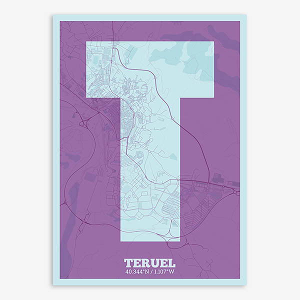 Decorative print of Teruel composed with letters in a heavy geometric font printed on purple and light blue