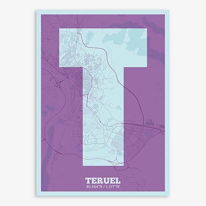Decorative print of Teruel composed with letters in a heavy geometric font printed on purple and light blue