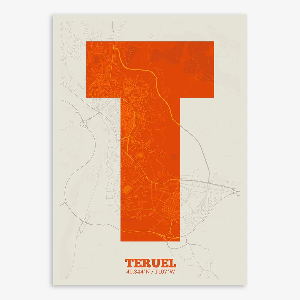 Decorative print of Teruel composed with letters in a heavy geometric font printed on orange and an off-white background