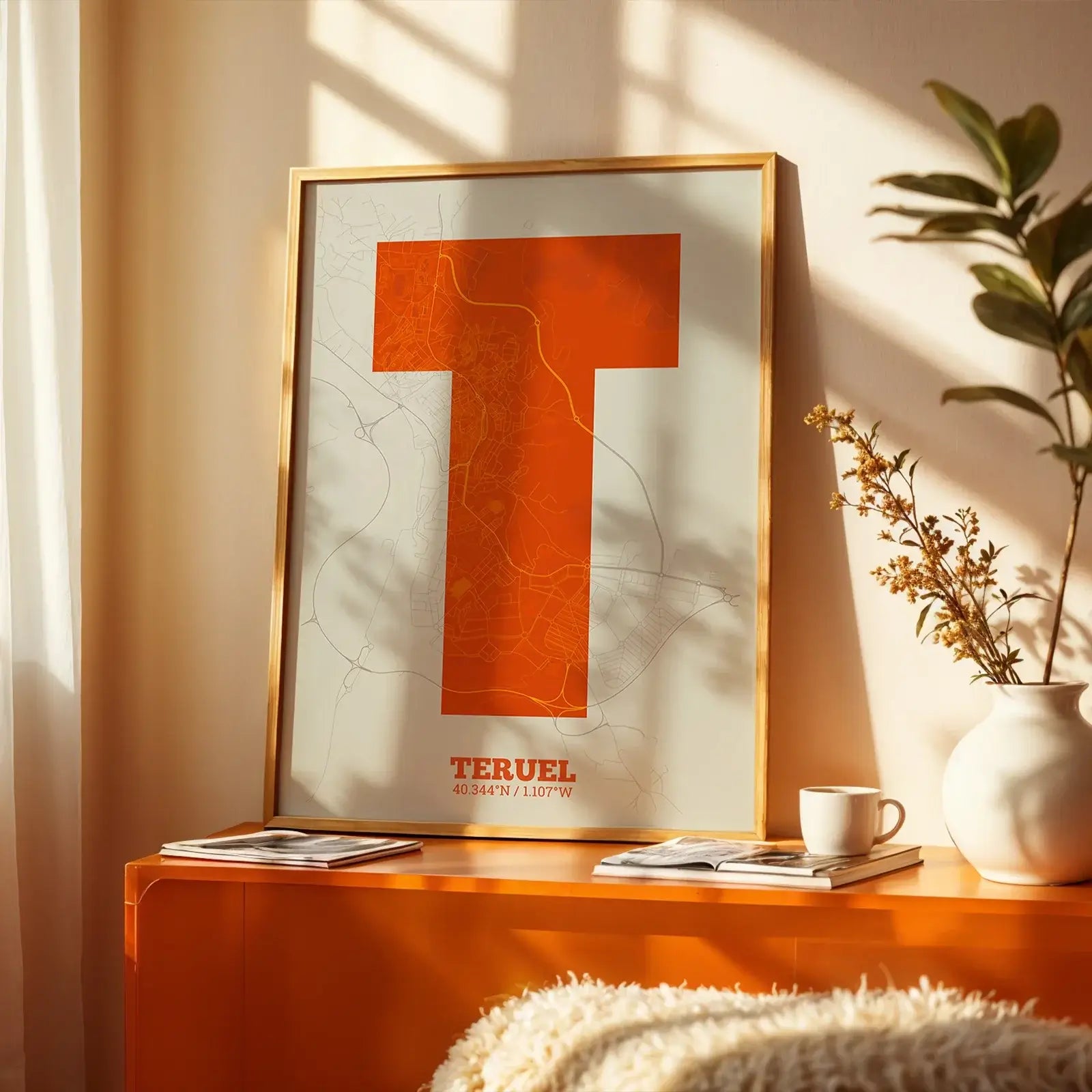 Modern interior design with a Teruel in Super Bold design, a typographic poster where the city map is overlaid with extra-thick lettering for a modern, high-impact look designed in orange and an off-white background, displayed on a living room wall