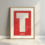 Framed Teruel in Super Bold design, a typographic poster where the city map is overlaid with extra-thick lettering for a modern, high-impact look designed in red and an off-white background with a white margin border in a warm lit minimalist setting